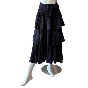 Free People Black Tiered Tie Belt Cotton Midi Skirt Size XS
